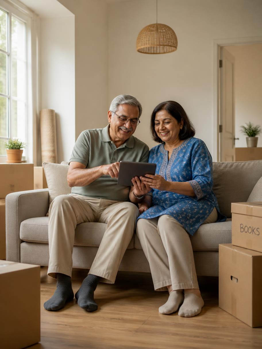 A couple reviewing homes together on a tablet while packing to downsize
