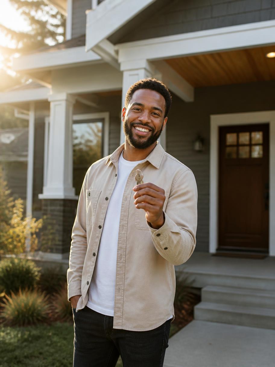 A man holding the keys to the home he just bought on its front porch