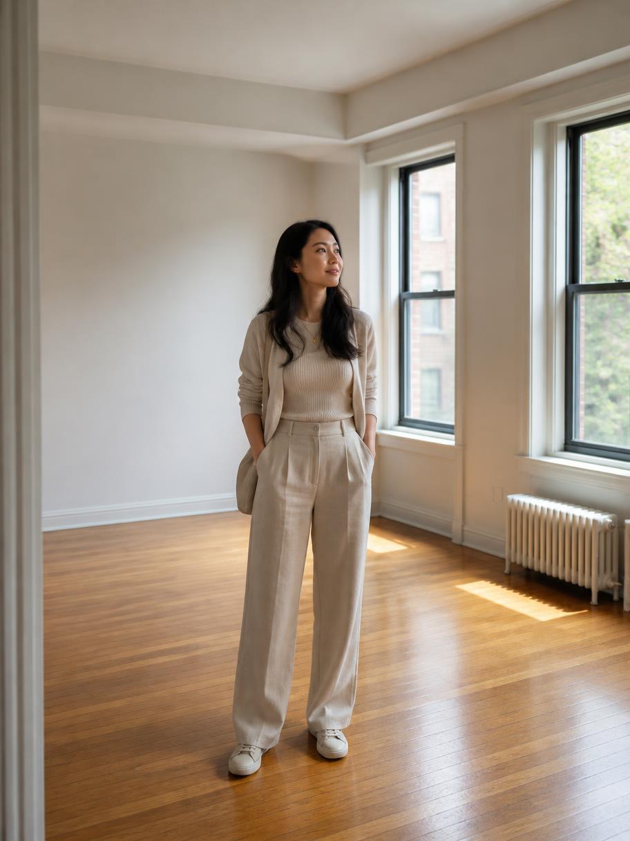 A woman standing alone in a sunlit empty apartment, imagining her first home